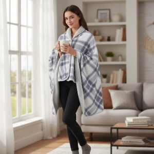 Poncho plaid polaire gris