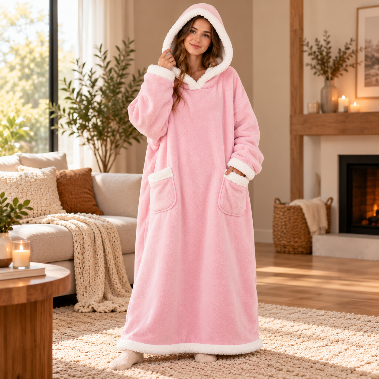 Plaid long à capuche rose en polaire douce-2