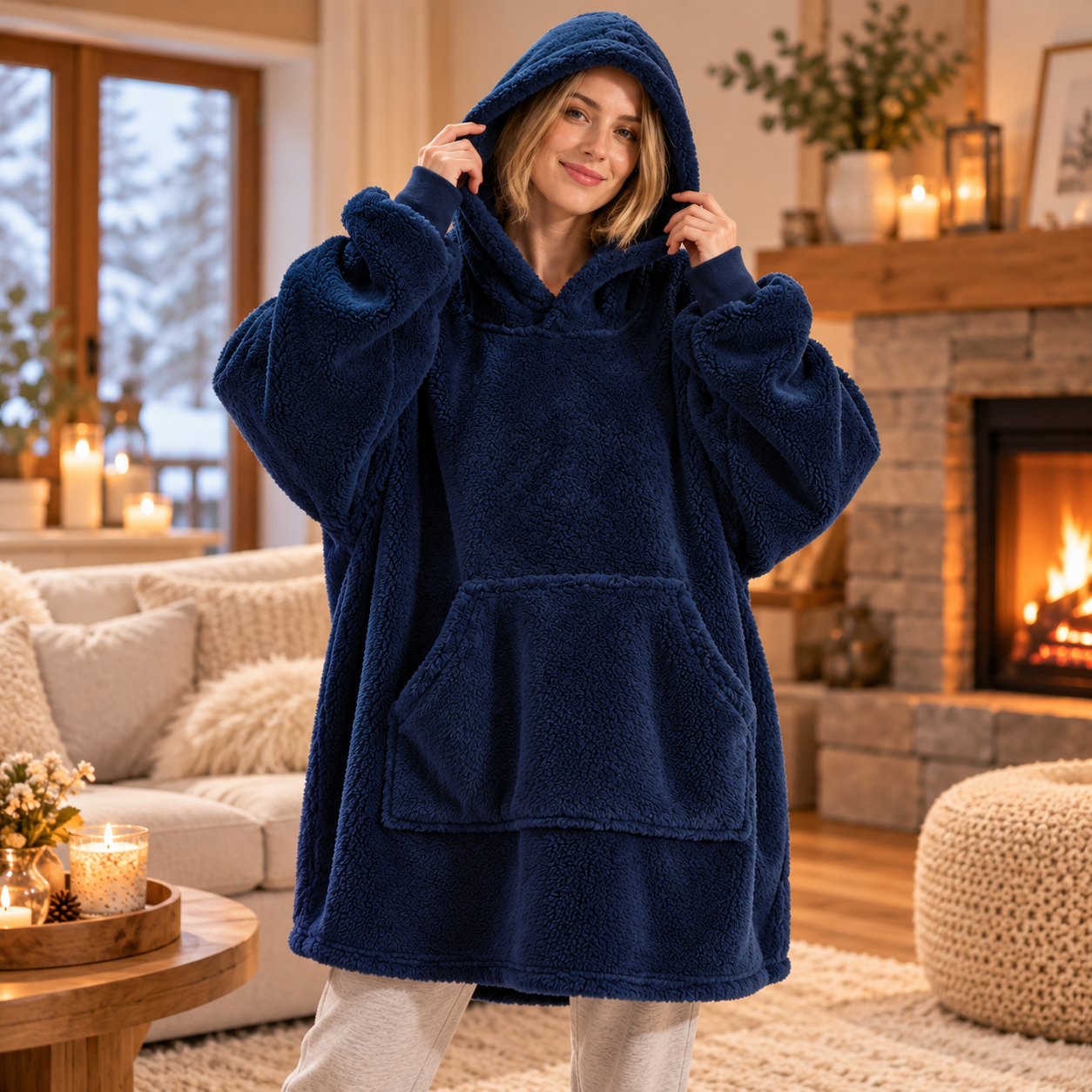 Sweat plaid à capuche bleu en polaire oversize-2