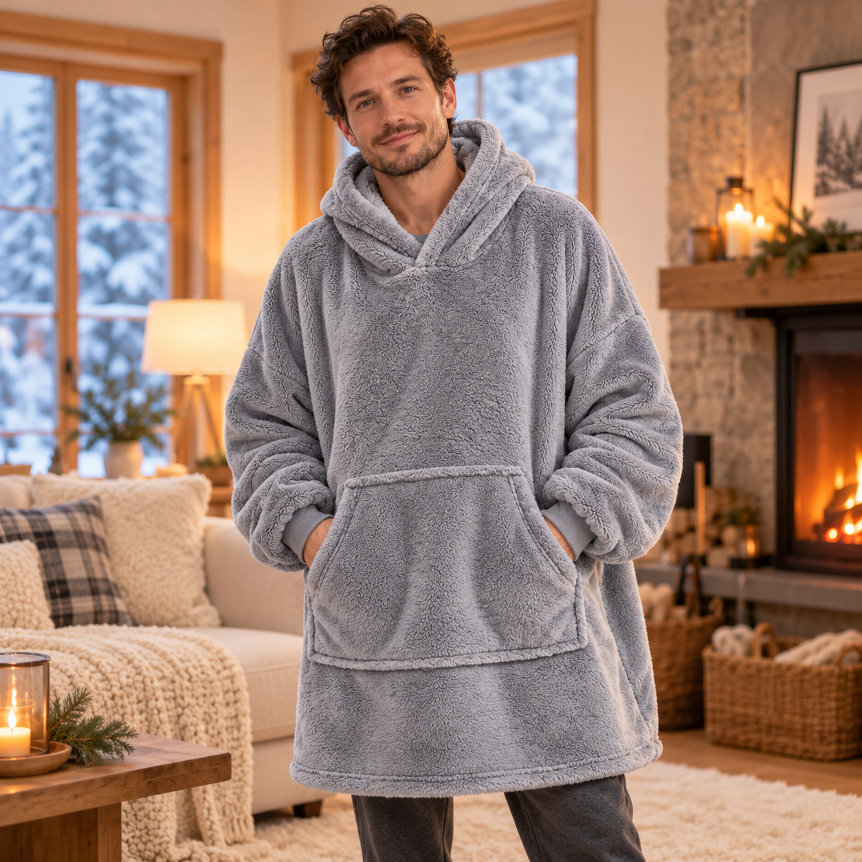 Sweat plaid à capuche gris en polaire oversize-2